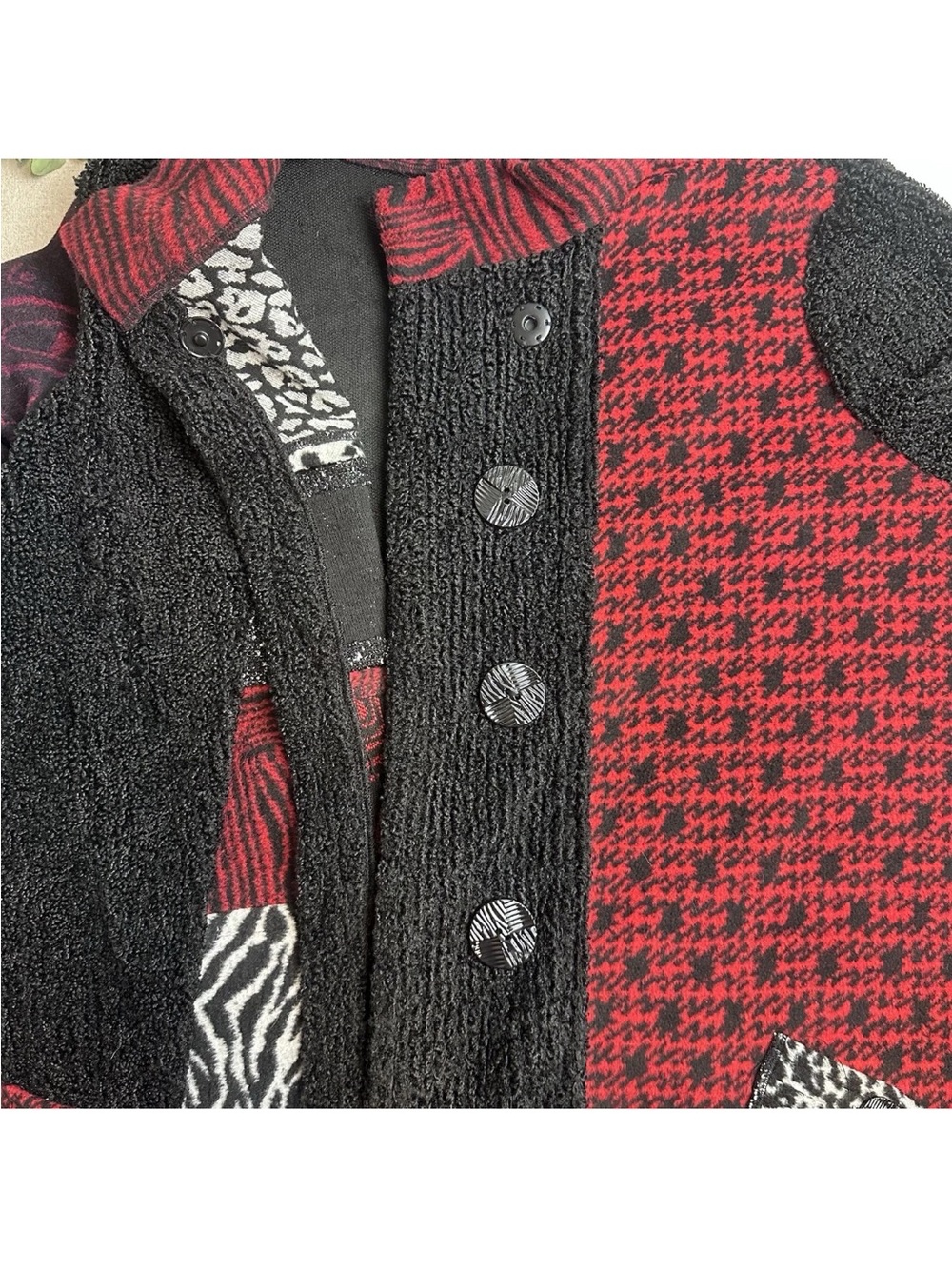 Ali Miles Patchwork Jacket Red Black Mixed Media Artsy Wool Blend - Picture 9 of 15